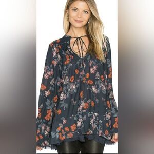 Free People Pebble Crepe So Fine Smoked Tunic Navy Top Size SP